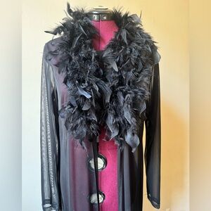 Vintage 70s Black Feather Sheer Nightie Maxi Long Robe Lingerie Gothic